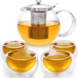 Glass Teapot Set With 4 Insulated Double Wall Glass Cups