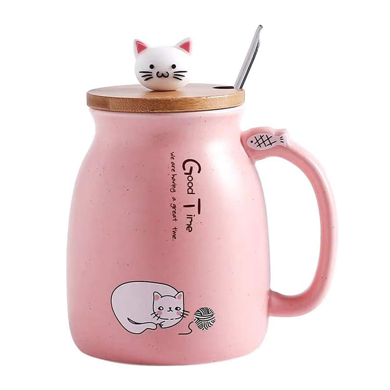Cute Cat Ceramic Mug With Spoon, Pink 450ml/15oz