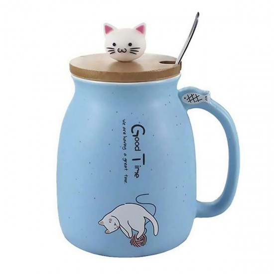 Cute Cat Ceramic Mug With Spoon, Blue 450ml/15oz