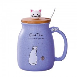 Cute Cat Ceramic Mug With Spoon, Purple 450ml/15oz