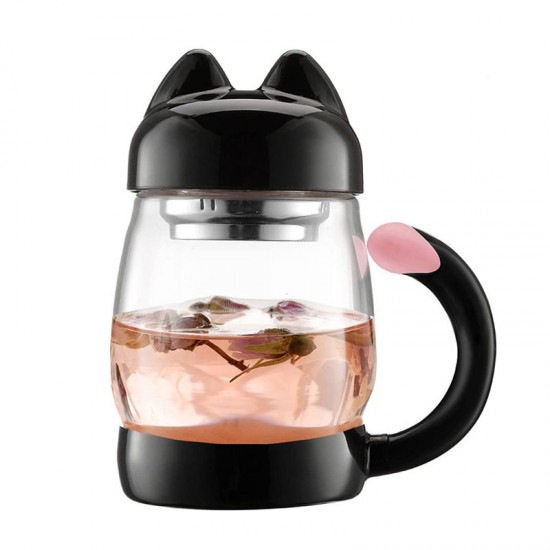 Cute Cat Glass Teacup With Coaster, Black 420ml/14oz