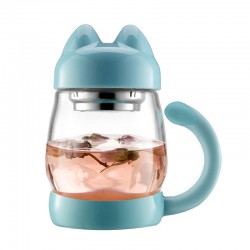Cute Cat Glass Teacup With Coaster, Blue 420ml/14oz