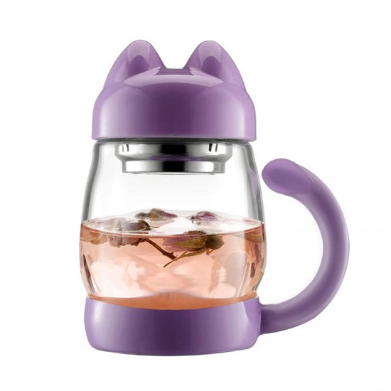Cute Cat Glass Teacup With Coaster, Purple 420ml/14oz