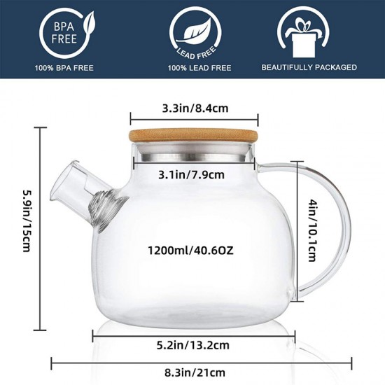 Heat Resistant Glass Teapot Stovetop Safe 1200ml/41oz